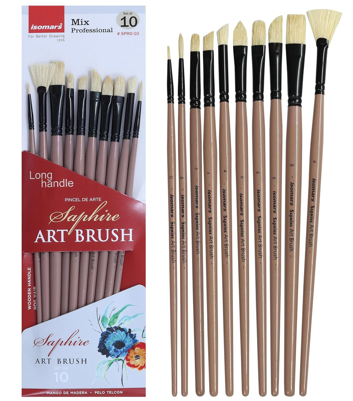 Saphire Professional Paint Brush Set of 10 | Mixed Long Handle Hog Hair Artist Brushes for Acrylic & Oil Painting | Filbert, Fan, Angular, Flat, Round, Deer Foot, Dagger, Cat’s Tongue Canvas Brush Set - Isomars