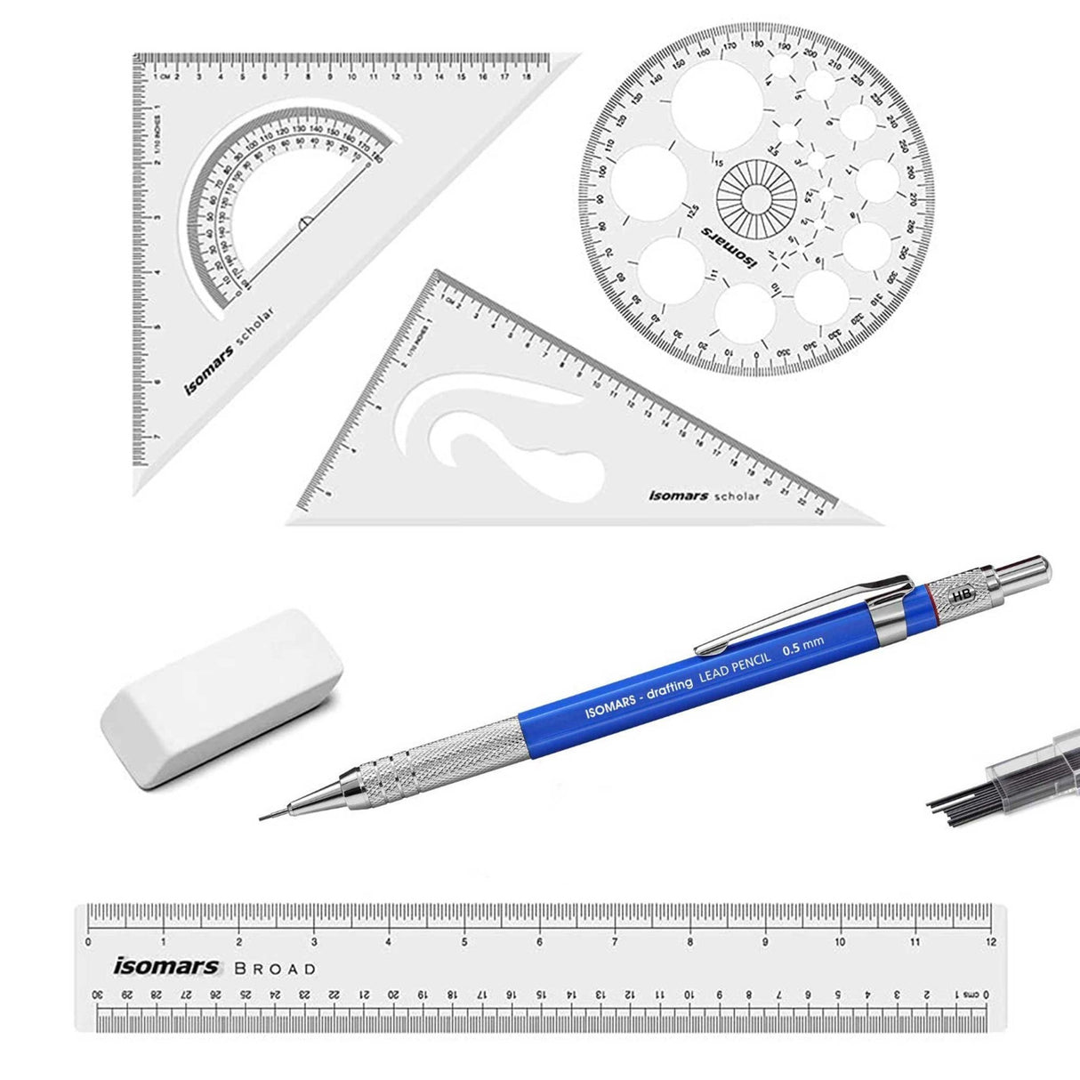Set Square with Pro Circle, Inch Scale, 0.5 Mechanical Pencil, and Eraser Combo - Isomars