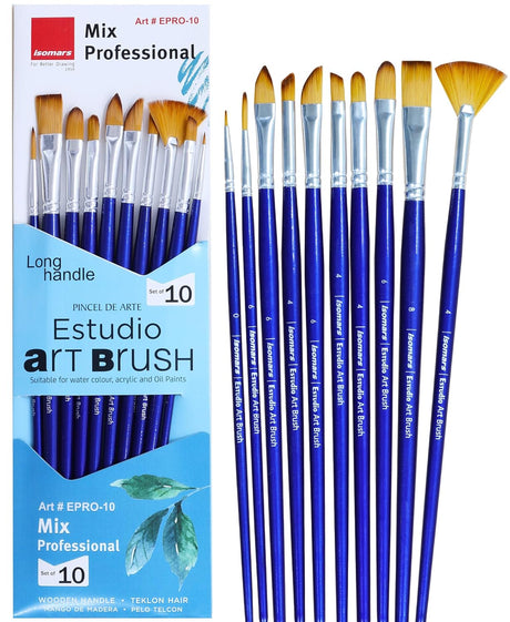 Isomars Estudio Professional Paint Brush Set of 10 Premium Synthetic Long Handle Artist Brushes

