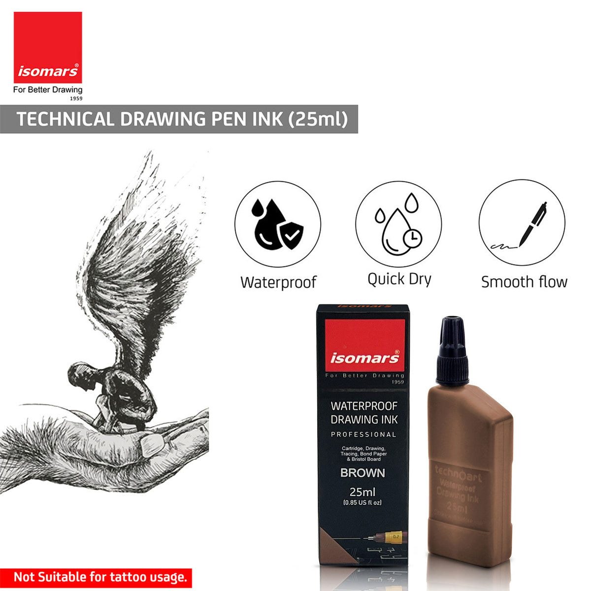 Technical Drawing Pen Ink 25ml | Waterproof High Opacity Ink for Rapidograph Pens, Drafting, Illustration & Calligraphy (Multi Colors) - Isomars