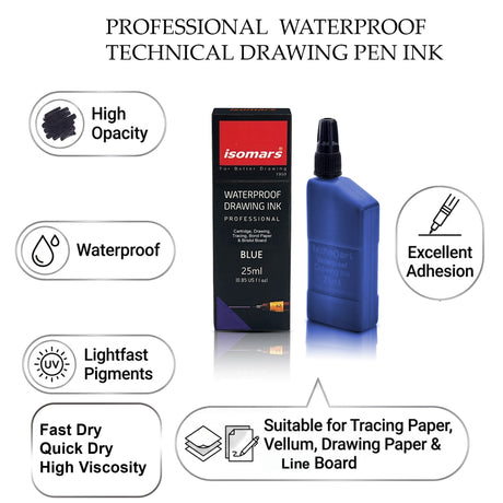 Technical Drawing Pen Ink 25ml | Waterproof High Opacity Ink for Rapidograph Pens, Drafting, Illustration & Calligraphy (Multi Colors) - Isomars
