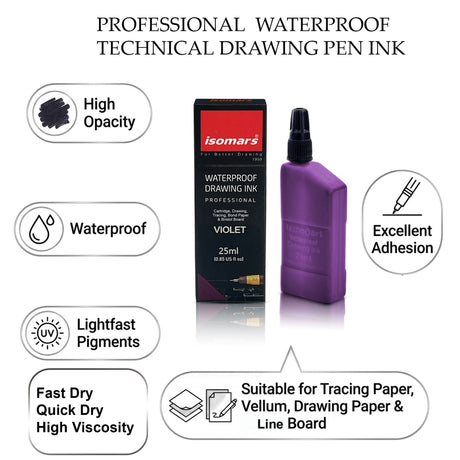 Technical Drawing Pen Ink 25ml | Waterproof High Opacity Ink for Rapidograph Pens, Drafting, Illustration & Calligraphy (Multi Colors) - Isomars