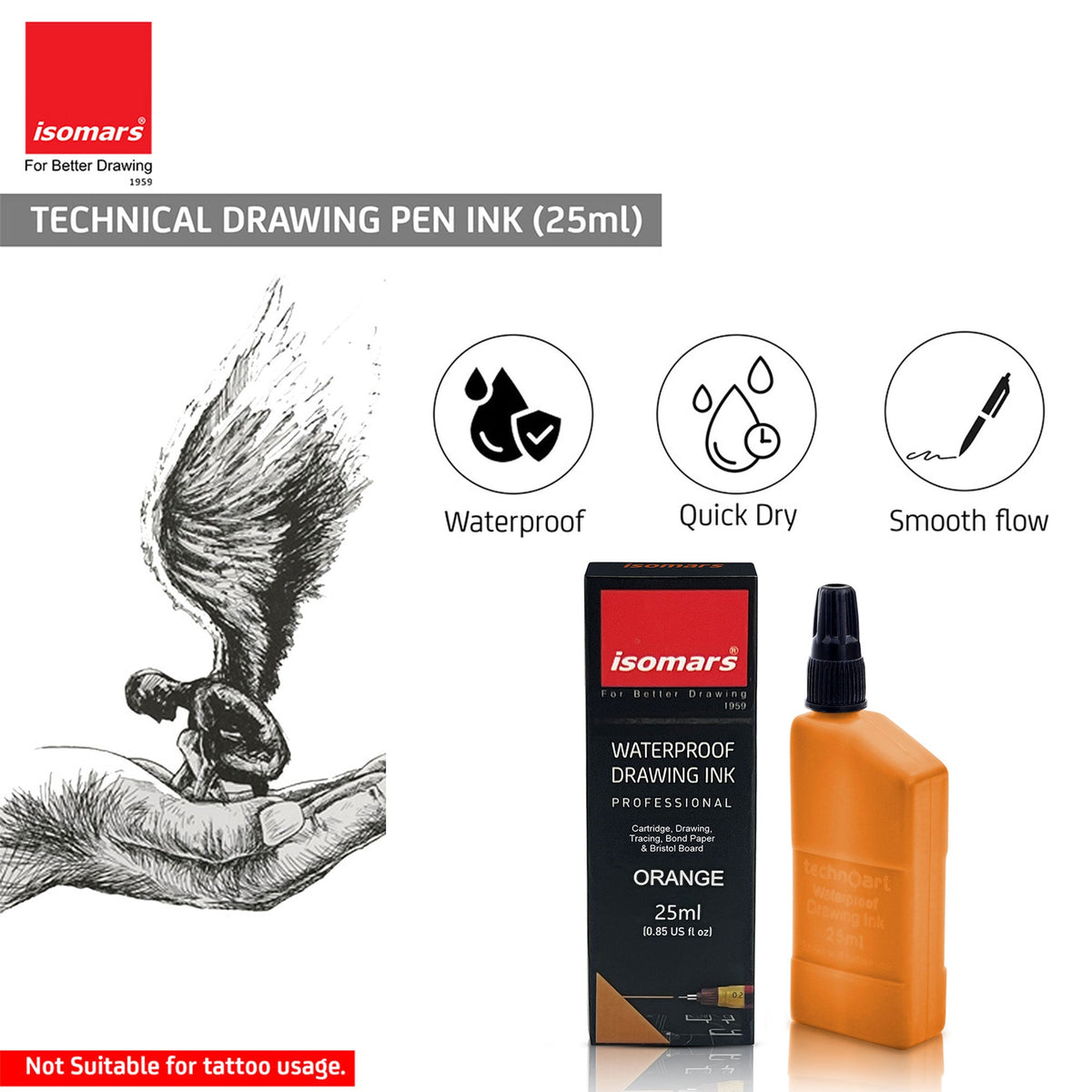 Technical Drawing Pen Ink 25ml | Waterproof High Opacity Ink for Rapidograph Pens, Drafting, Illustration & Calligraphy (Multi Colors) - Isomars