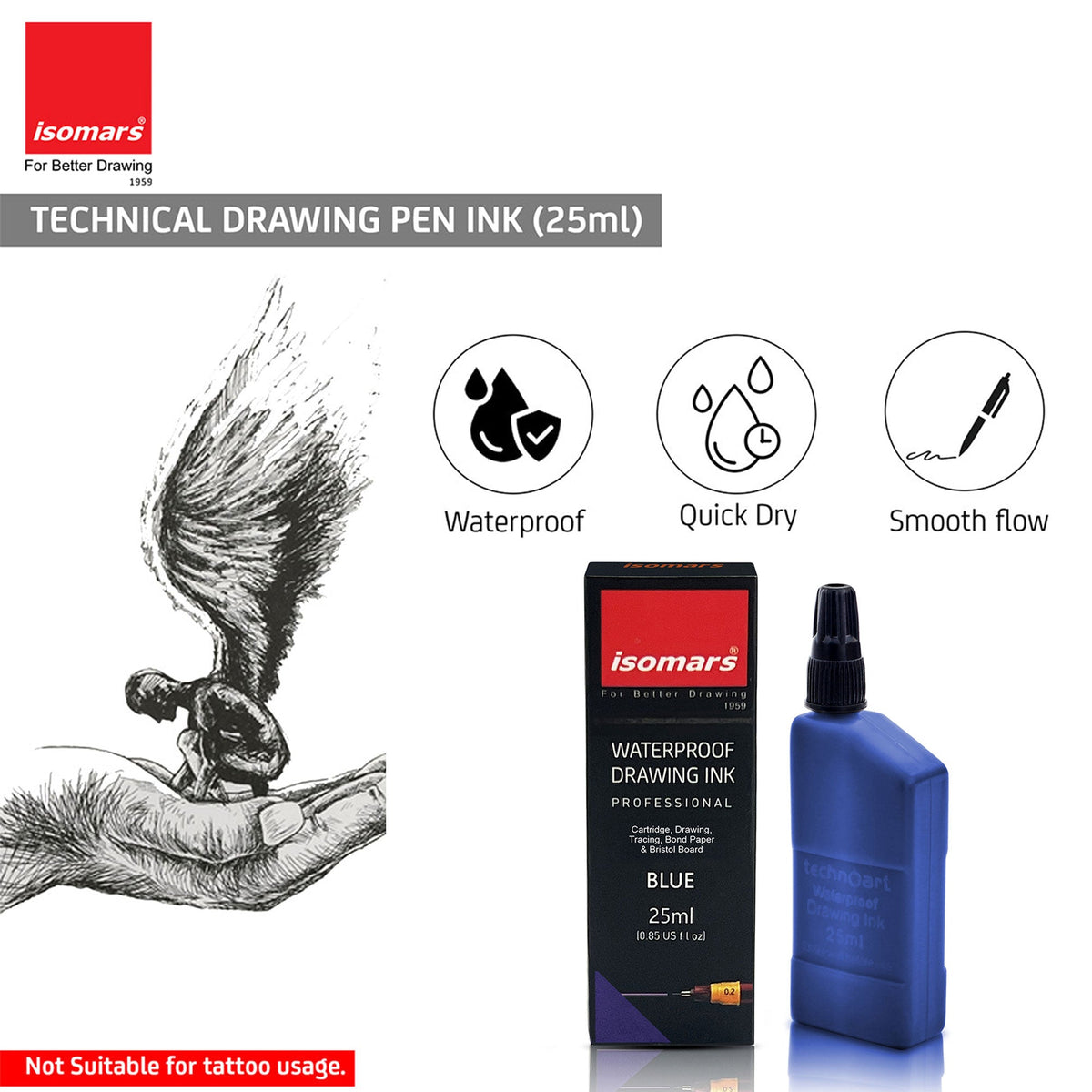 Technical Drawing Pen Ink 25ml | Waterproof High Opacity Ink for Rapidograph Pens, Drafting, Illustration & Calligraphy (Multi Colors) - Isomars