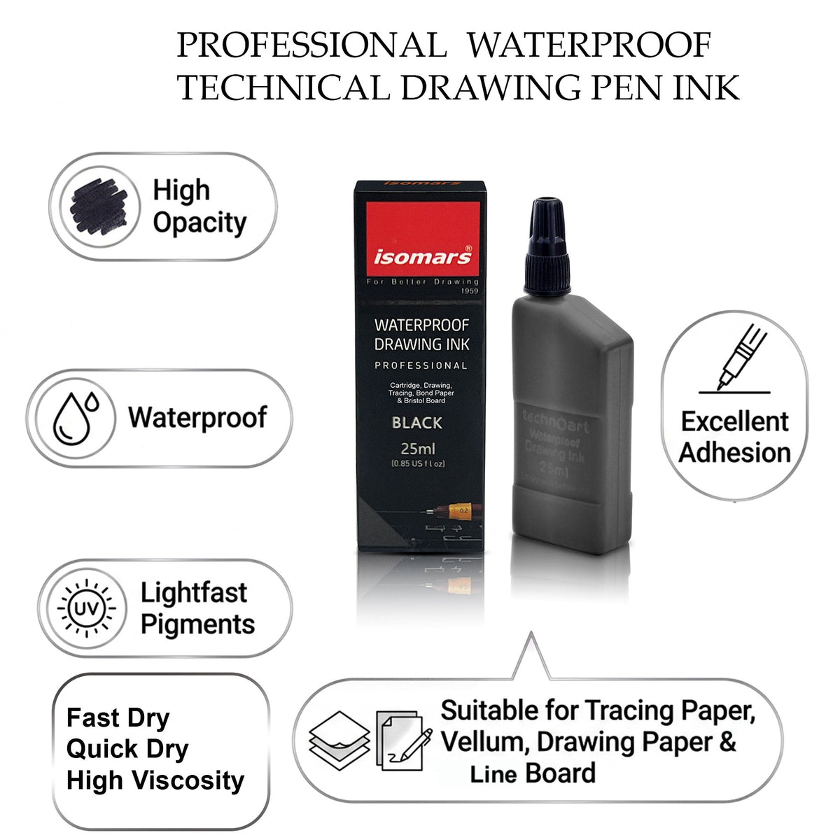 Technical Drawing Pen Ink 25ml | Waterproof High Opacity Ink for Rapidograph Pens, Drafting, Illustration & Calligraphy (Multi Colors) - Isomars