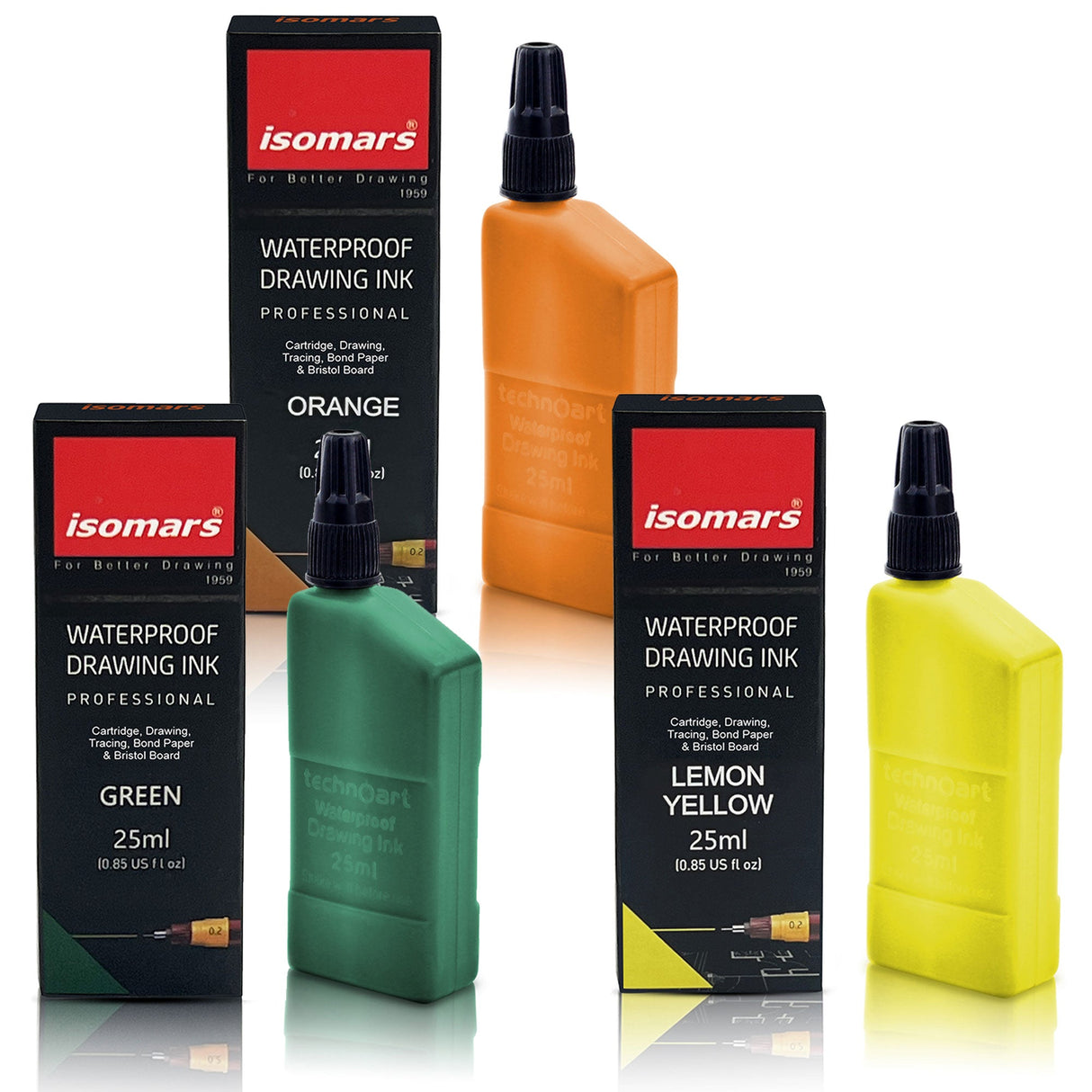 Technoart Technical Drawing Pen Ink (Set of 3) - Orange, Green, Lemon Yellow - Isomars