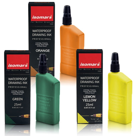 Technoart Technical Drawing Pen Ink (Set of 3) - Orange, Green, Lemon Yellow - Isomars