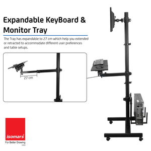 Isomars Computer Standing Desktop Workstation with Monitor Mount Adjustable Height with Keyboard & Mouse Tray Space for CPU Holder, Sit Stand Table Comes with Wheels for Easy to Move.