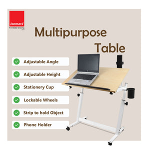 Isomars Multipurpose Laptop Table Study Desk Drawing Table, Caster Lockable Wheels, Adjustable Height and Angle for Work from Home, Office, Bedroom