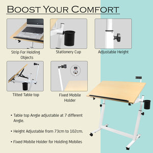 Isomars Multipurpose Laptop Table Study Desk Drawing Table, Caster Lockable Wheels, Adjustable Height and Angle for Work from Home, Office, Bedroom