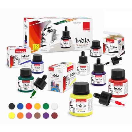 Waterproof Drawing Ink Set of 12 (35ml Each) with Dropper | Professional Artist Ink for Calligraphy, Illustration, Airbrush & Technical Drawing - Isomars