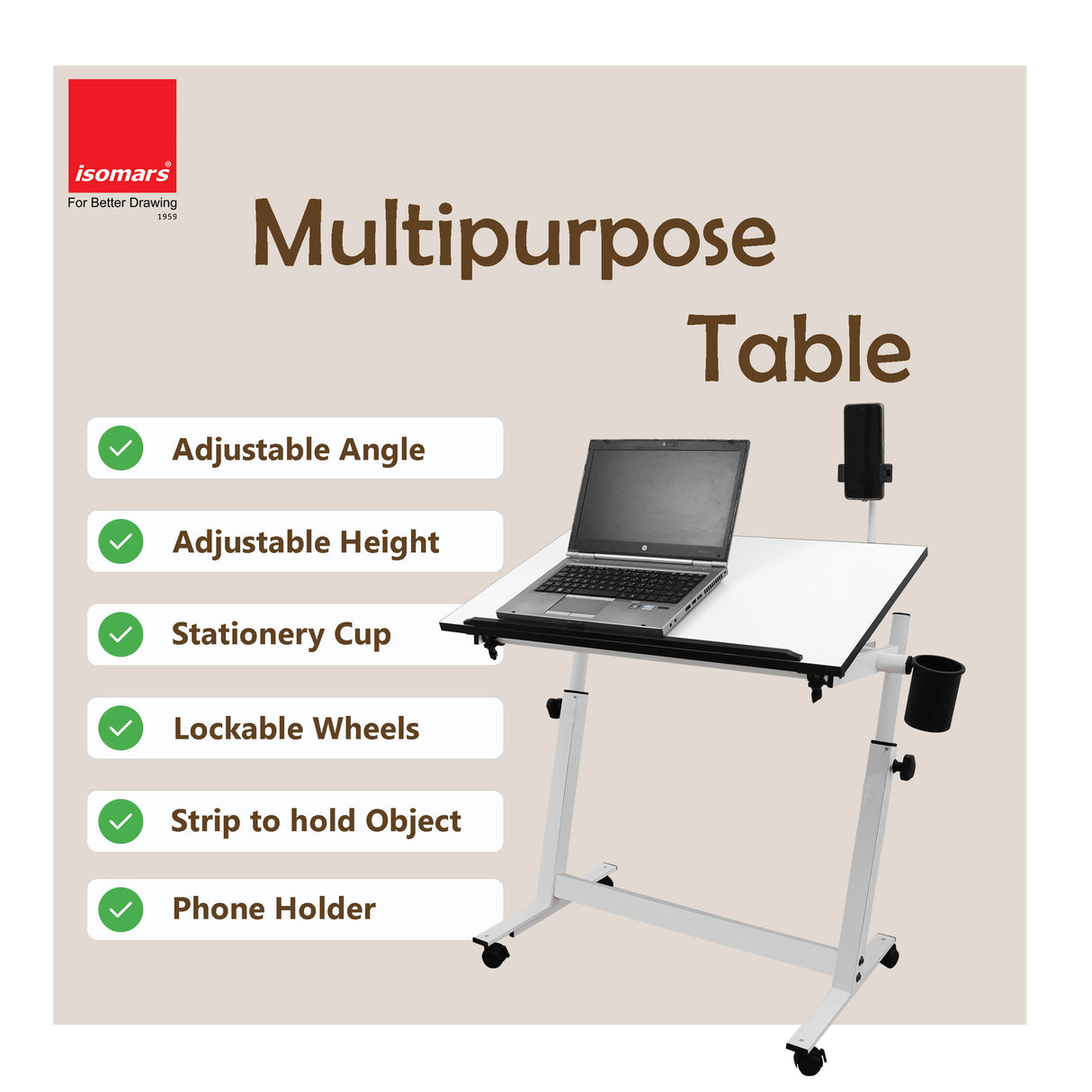 Isomars Multipurpose Laptop Table Study Desk Drawing Table, Caster Lockable Wheels, Adjustable Height and Angle for Work from Home, Office, Bedroom