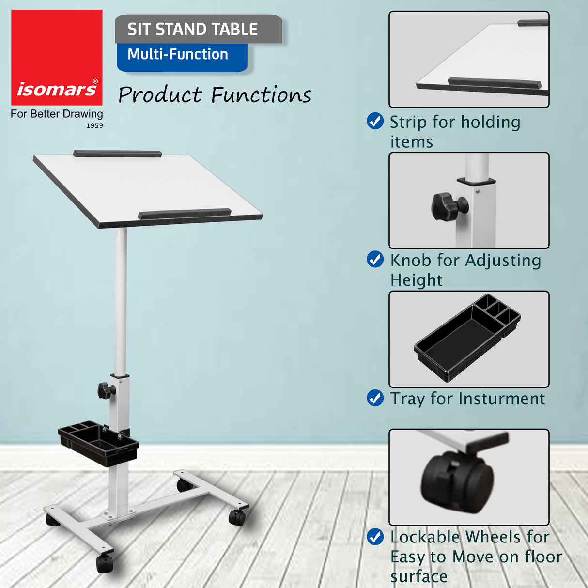 Isomars Multipurpose Laptop Table Study Desk, Lockable Wheels, & Adjustable Height And Angle For Breakfast Table, Wfh & Online Classes (White)