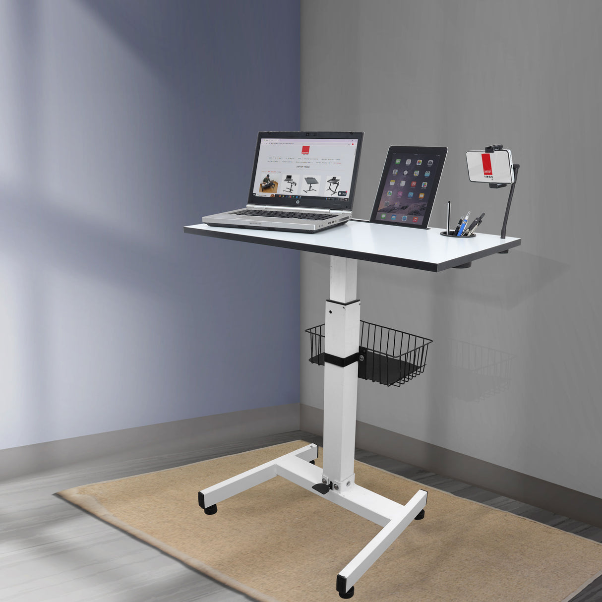 Isomars Airlift Made in India Multipurpose Height Adjustable 'SIT & Stand Laptop Table' with Foot Lever for Breakfast, Online Classes, Other Activities with Large Table Top (White)