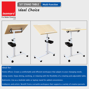 Isomars Multipurpose Laptop Table Study Desk, Lockable Wheels, & Adjustable Height and Angle for Breakfast Table, WFH & Online Classes (Wooden)