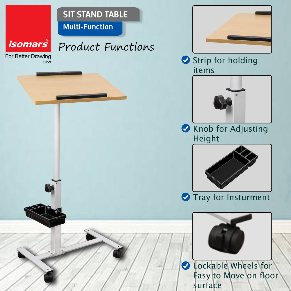 Isomars Multipurpose Laptop Table Study Desk, Lockable Wheels, & Adjustable Height and Angle for Breakfast Table, WFH & Online Classes (Wooden)