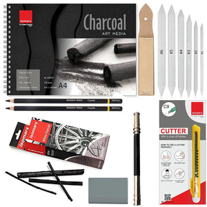 Isomars Charcoal Sketching Kit - Set Of 9 - Set Of Charcoal Pad-A4 Size, Charcoal Sticks & 2pcs Pencils, Kneadable Eraser, Paper Stump, Sand Paper, Pencil Extender & Mini-Cutter