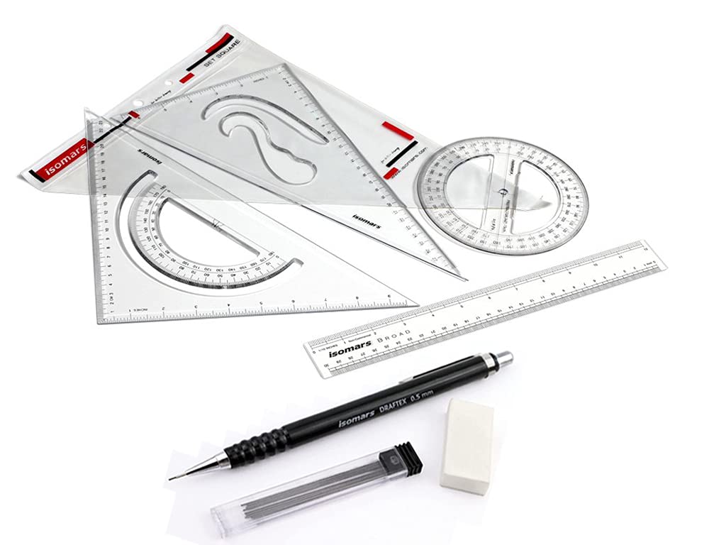 Isomars Scholar Set Squares, Protractor,12 Inch Scale - Sides Beveled with Mechanical Pencil 0.5mm, 10 Leads & Eraser