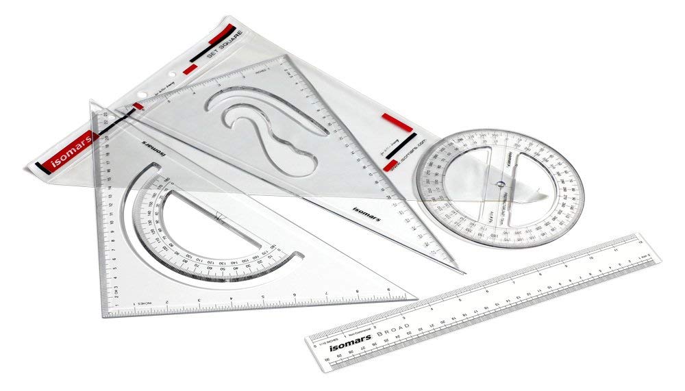 Isomars Scholar Set Squares, Protractor,12 Inch Scale - Sides Beveled with Mechanical Pencil 0.5mm, 10 Leads & Eraser