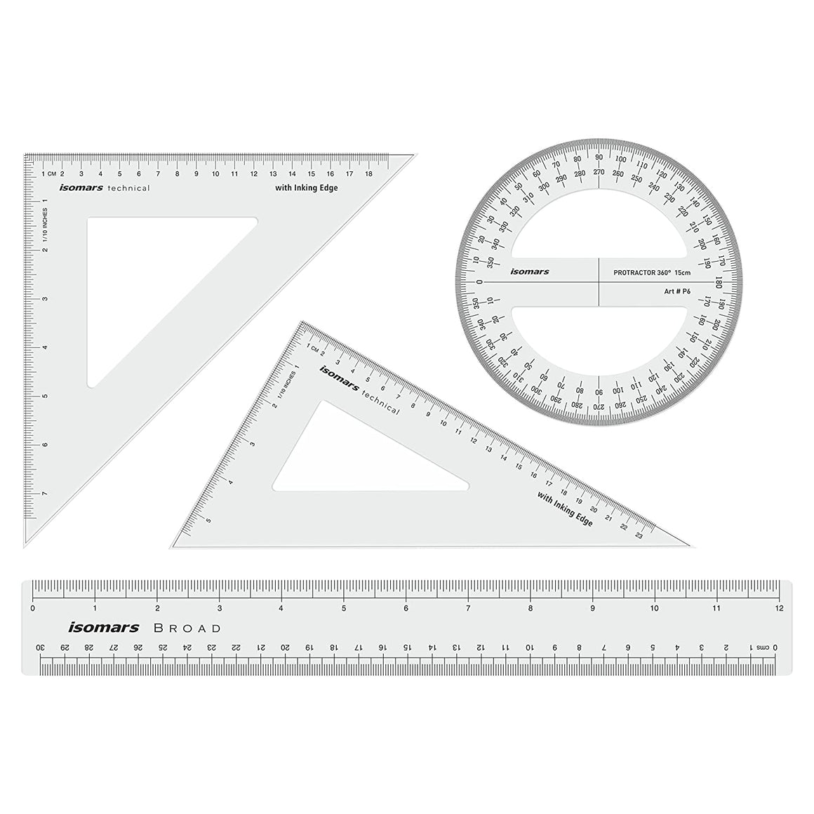 Isomars Technical Set Squares, Protractor,12 Inch Scale - Sides Beveled