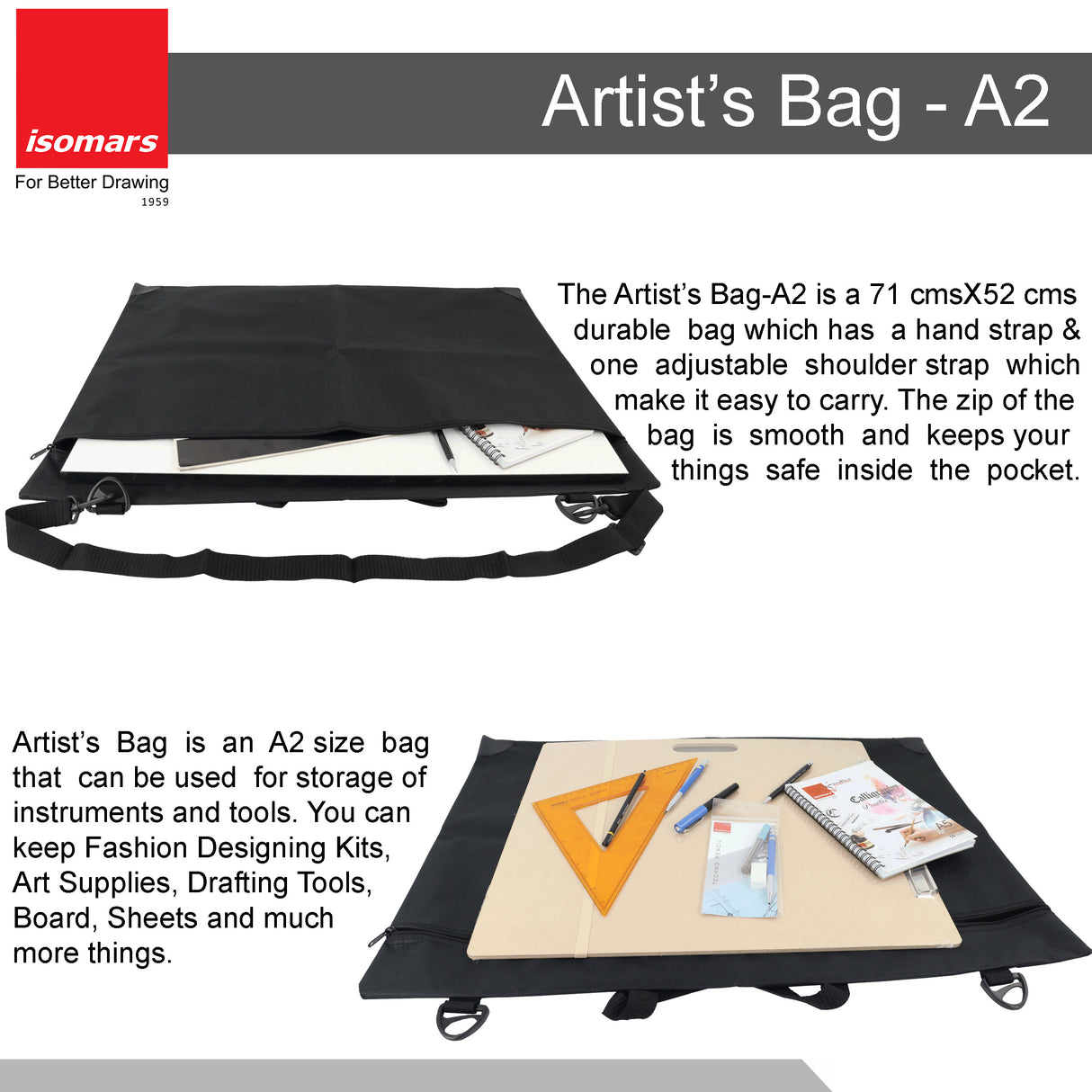 Isomars Artist's Bag A2 - Multipurpose Bag for Carrying Tools , Instruments, Sheets, Canvas And Boards