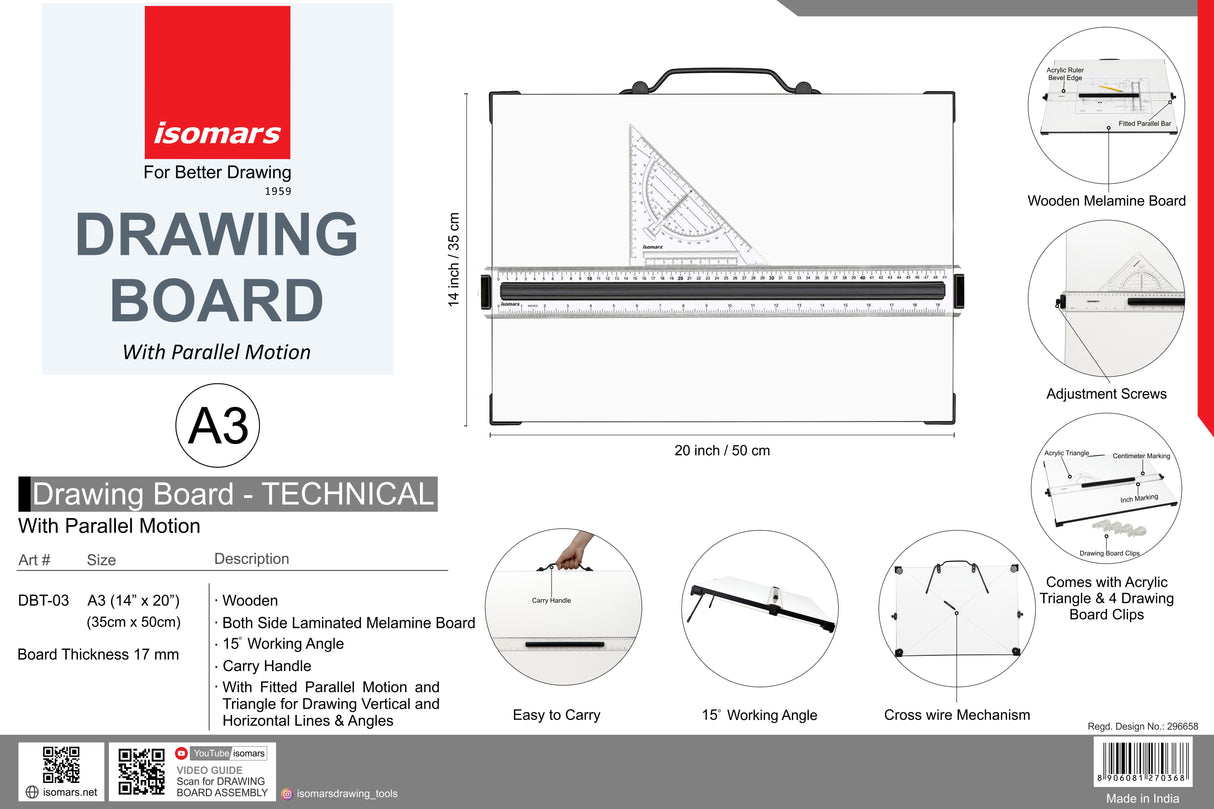 Isomars Drawing Board - Technical with Parallel Motion A3 size -  14'' x 20''(35cm x 50cm)