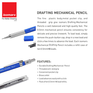 Isomars Mechanical Pencil 0.5mm And 2mm Combo - Clutch Pencils - Black And Blue With Lead And Eraser