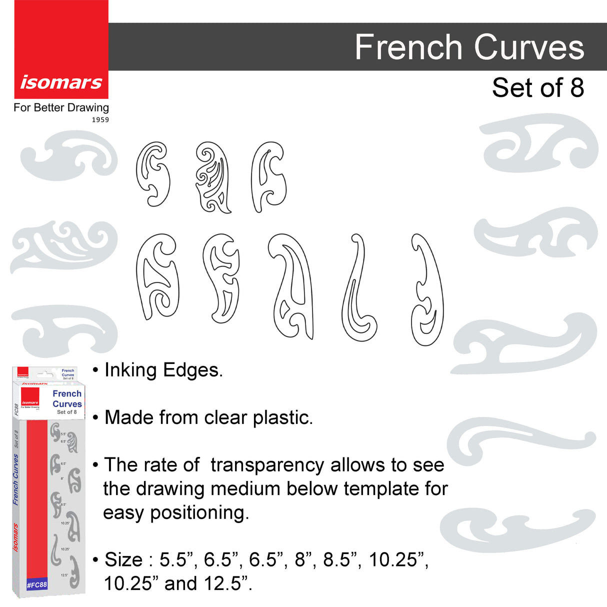 Isomars French Curves - Set of 8 - Drawing Drafting Template Stencil