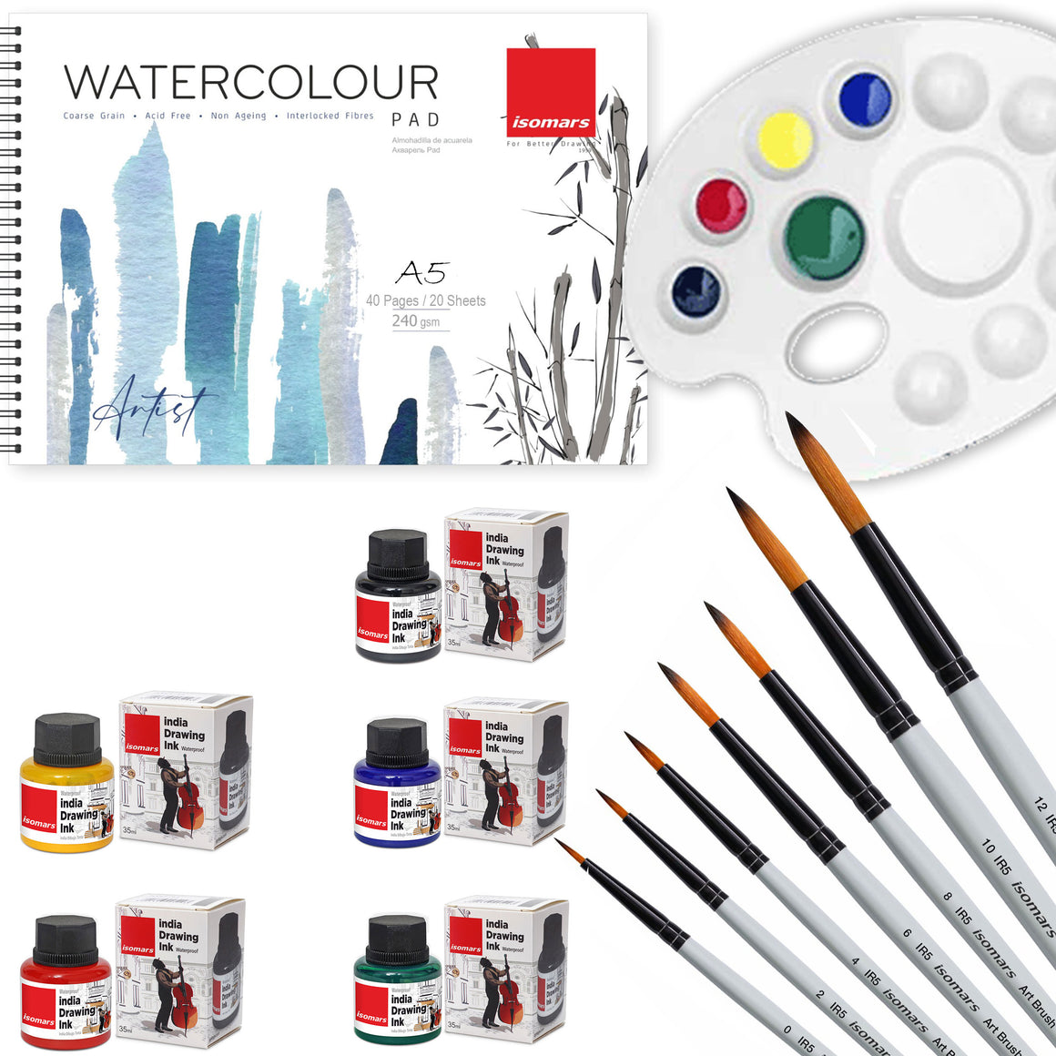 Drawing Set: Watercolor Pad, Colour Palette, Brush Set, and Ink Collection