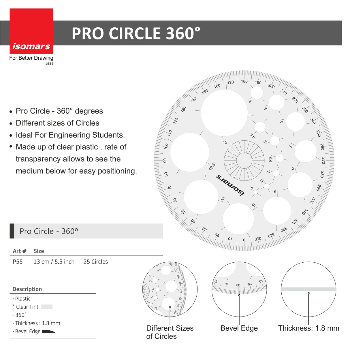 Isomars ProCircle, Protractors - 360 degree & 180 degree, with 12 inches / 30 CM Ruler