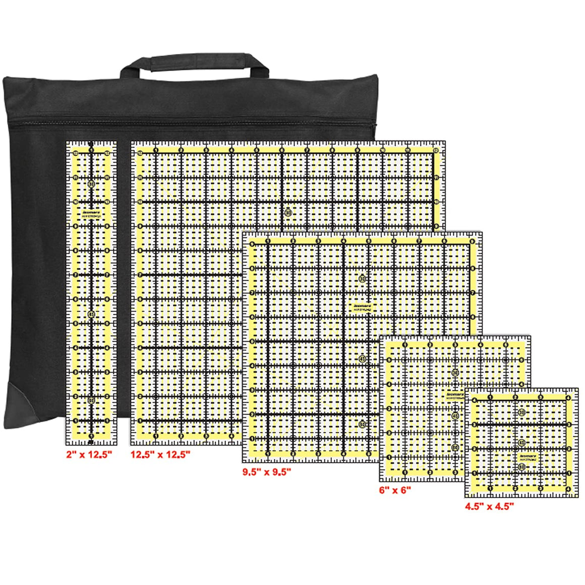 Isomars Quilting Ruler Set of 5 with Bag - 4.5" x 4.5", 6" x 6", 9.5" x 9.5", 12.5" x 12.5", 2" x 12.5"