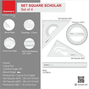 Isomars Scholar Set Squares, Protractor,12 Inch Scale - Sides Beveled with Mechanical Pencil 0.5mm, 10 Leads & Eraser