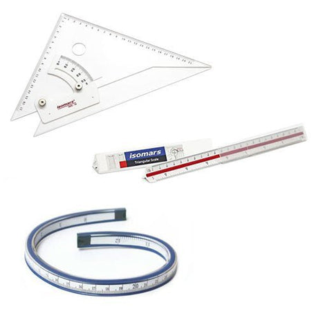 Adjustable Set Square(10") + Triangular Scale + Flexible Curve Combo - Isomars