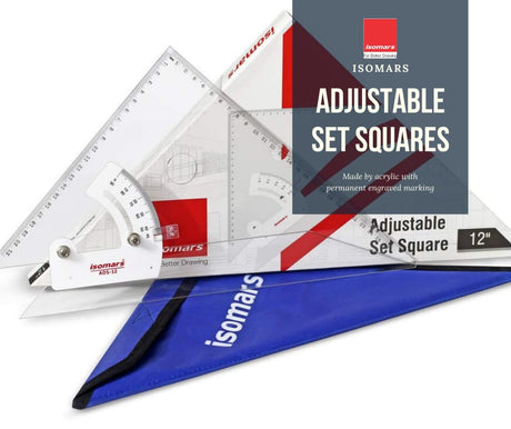 Adjustable Set Squares 12 Inch | Precision Drafting Triangle Tool | Acrylic Engineering Drawing Instrument for Students & Architects - Isomars
