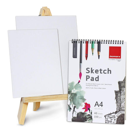 Artist Wooden Easel with Sketch Pad, Round Brush (Set of 7) & Canvas Boards - Isomars