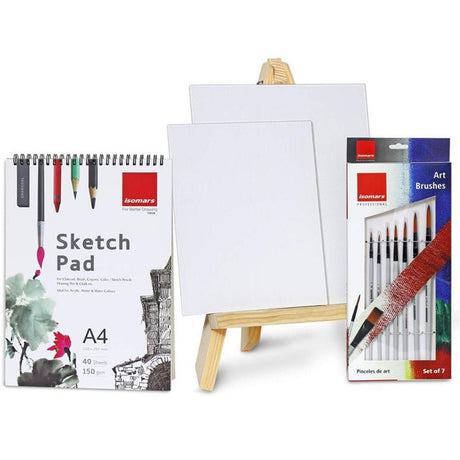 Artist Wooden Easel with Sketch Pad, Round Brush (Set of 7) & Canvas Boards - Isomars