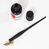 Oblique Dip Pen Holder Set: Brass Flange, Flex Dip Nib, and Black Ink (35ml)