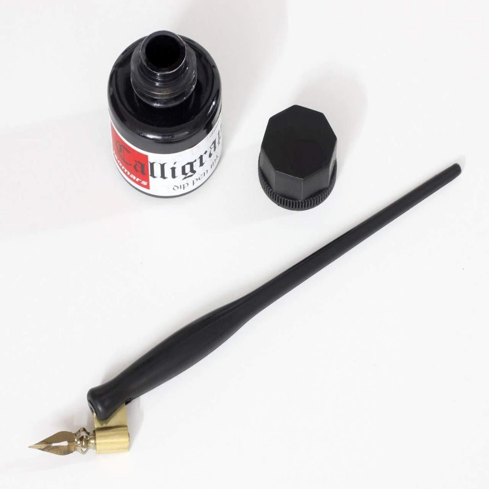 Oblique Dip Pen Holder Set: Brass Flange, Flex Dip Nib, and Black Ink -  Isomars