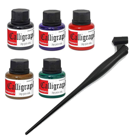 Calligraphy Dip Pen Ink (Set of 5) with Plastic Oblique Holder - Isomars