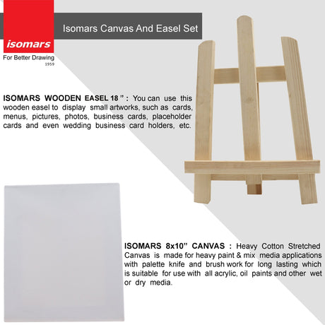 Isomars Artists Kit - Set of Wooden Easel and Canvas - Display Stand and Display / Painting Board Combo - Isomars