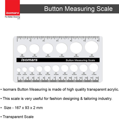 Isomars Button Measuring Scale – Acrylic Button Size Gauge with CM/MM Markings for Tailoring, Fashion Designing & Garment Measurement - Isomars