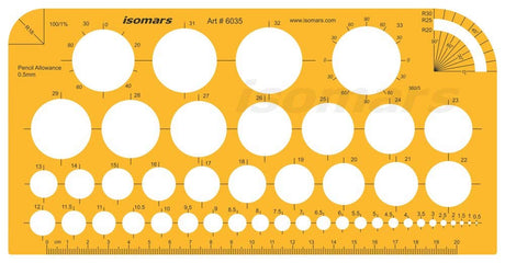 Isomars Circle Template Stencil with Multiple Diameter Sizes, Precision Geometry Drafting Tool with cm/mm Ruler, Degree Angle Guides & Smooth Round Edges for Students, Engineers, Architects & Designers - Isomars