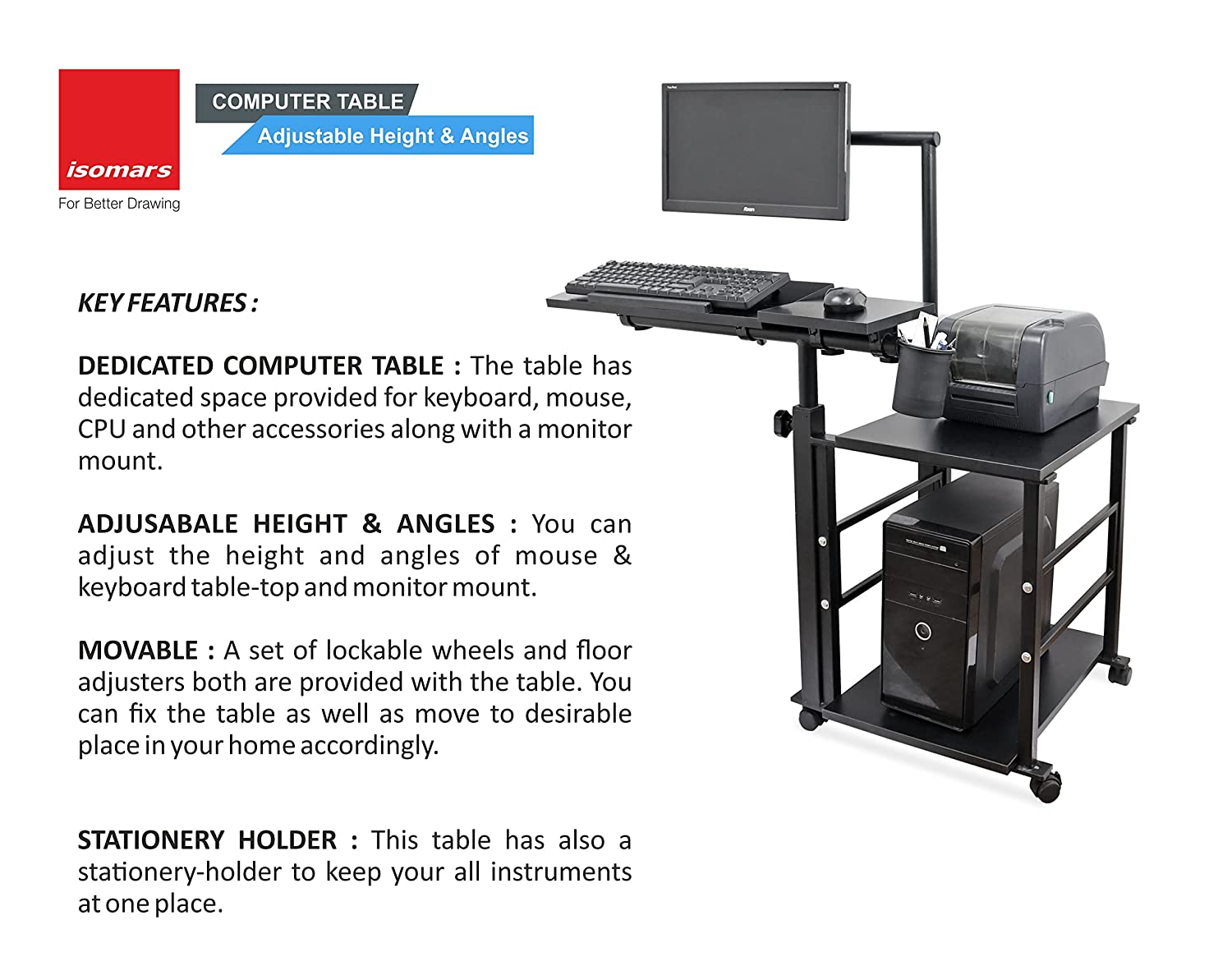Isomars Computer Table - Adjustable - Professional Workstation for Computer - Ideal for Home, Schools, Office, Hospitals, Gaming Etc. - Isomars