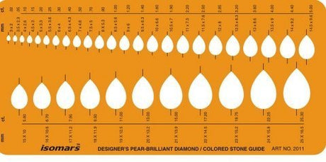 Isomars Designer's Pear Brilliant Diamond & Colored Stone Guide Template No. 2011 | Jewelry Design Stencil for Pear Cut Gemstone Sketching, Ring & Ornament Drafting | Transparent Plastic - Isomars