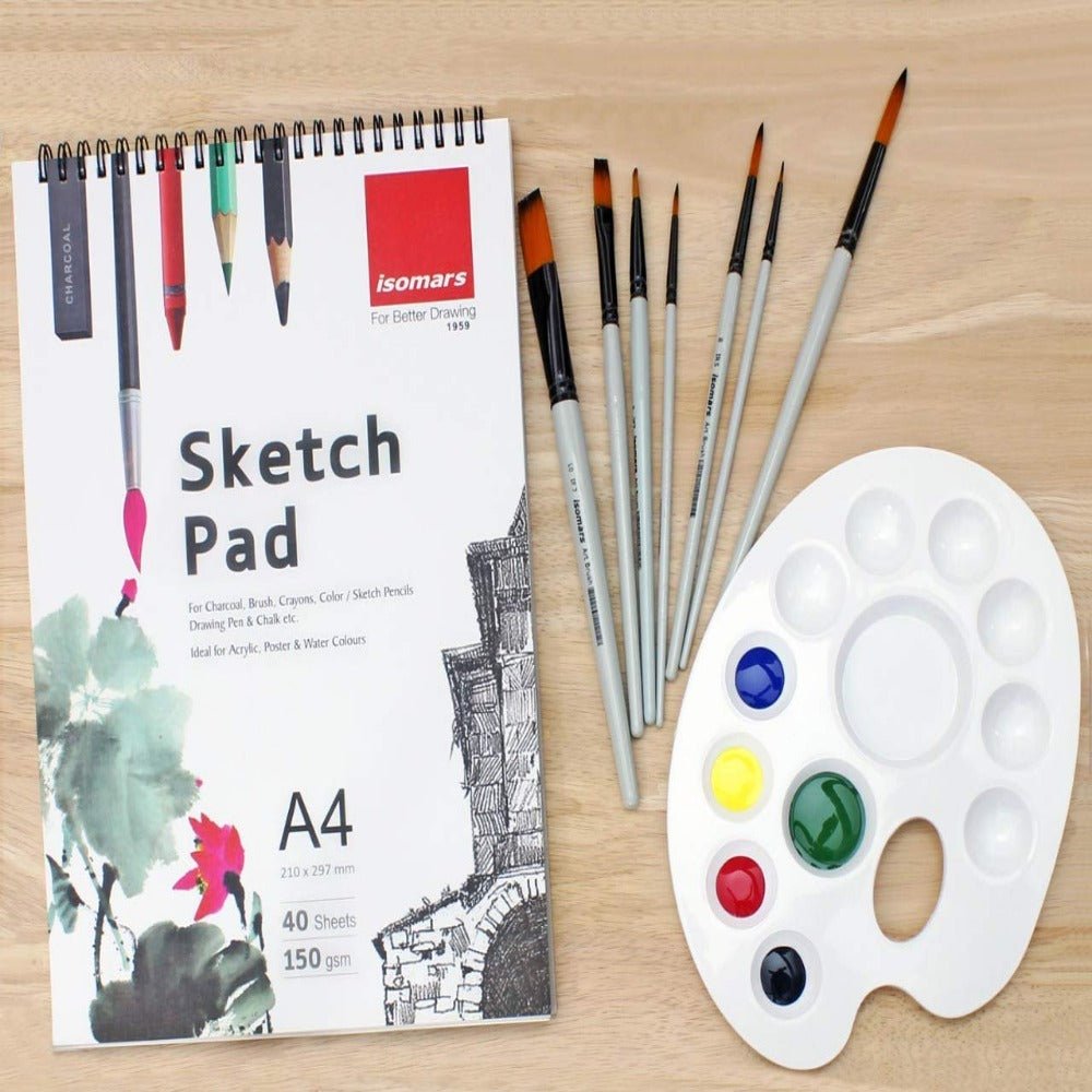 Isomars Drawing Brush Set for PaintIng Set of 7 with A4 Sketch Pad & Colour Mixing Palette - Isomars