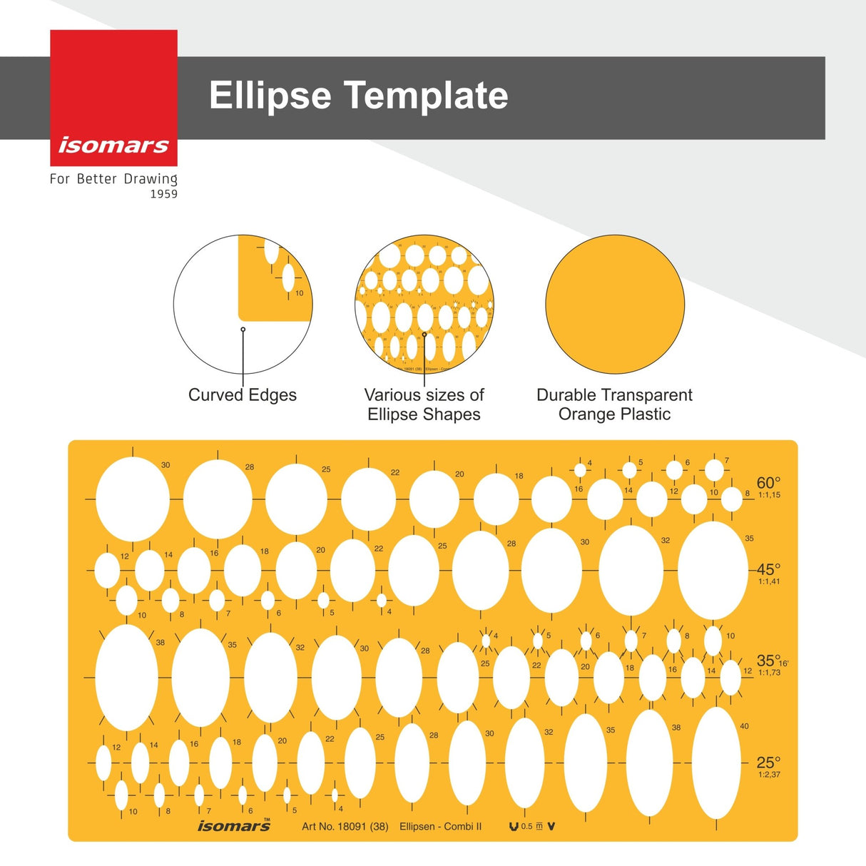 Isomars Ellipse Drafting Template (Art 18091) – 69 Ellipses in 25°, 35°, 45° & 60°, Precision Drawing Stencil for Engineering, Architecture & Technical Design - Isomars