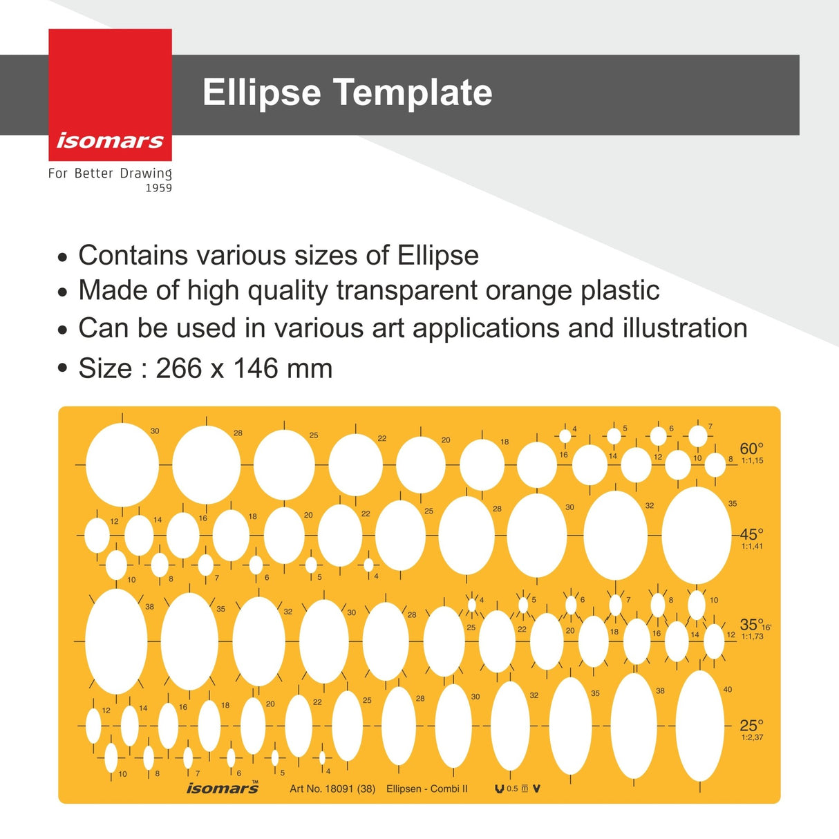 Isomars Ellipse Drafting Template (Art 18091) – 69 Ellipses in 25°, 35°, 45° & 60°, Precision Drawing Stencil for Engineering, Architecture & Technical Design - Isomars