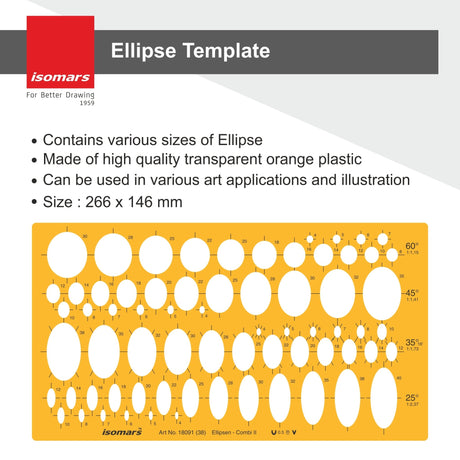Isomars Ellipse Drafting Template (Art 18091) – 69 Ellipses in 25°, 35°, 45° & 60°, Precision Drawing Stencil for Engineering, Architecture & Technical Design - Isomars