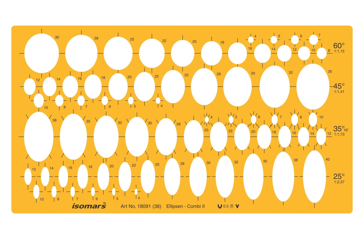 Isomars Ellipse Drafting Template (Art 18091) – 69 Ellipses in 25°, 35°, 45° & 60°, Precision Drawing Stencil for Engineering, Architecture & Technical Design - Isomars