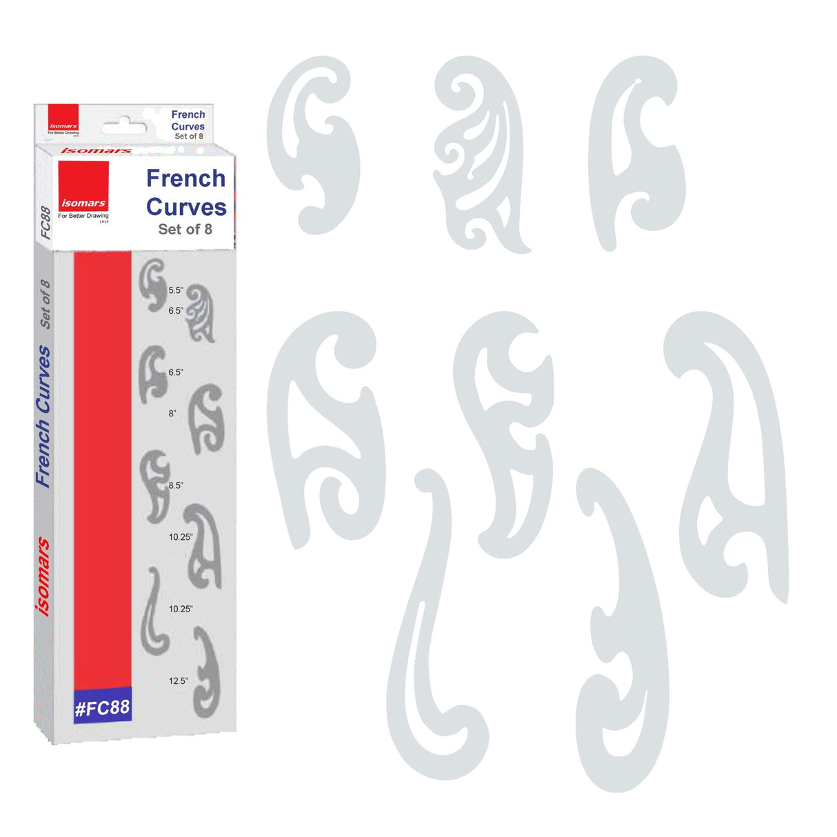 Isomars French Curves - Set of 8 - Drawing Drafting Template Stencil - Isomars